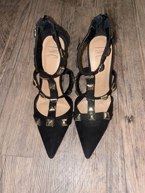 INC Black Studded Heels | Pointed Toe T-Strap Pumps | Gold Studs | Size 9